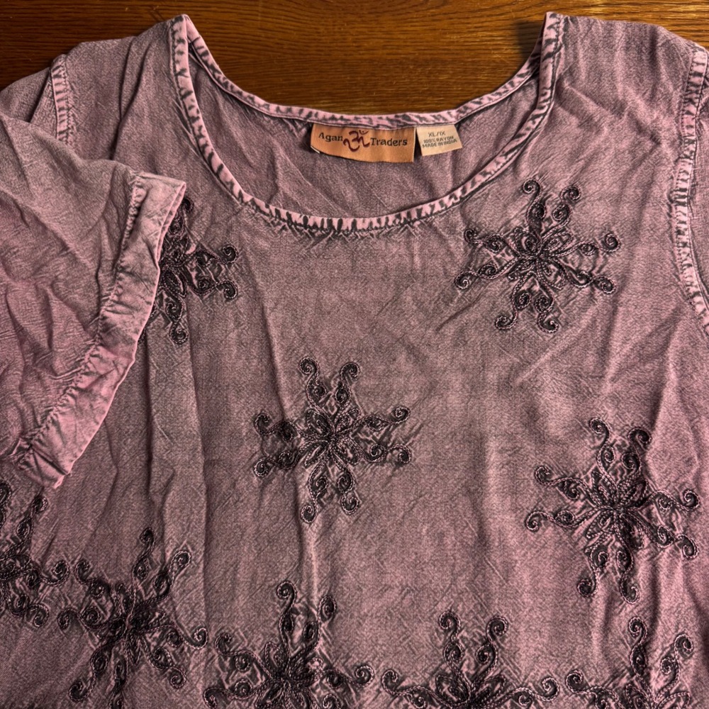 Agan Traders Womens XL/1X Purple Embroidered Boho Ruffle Tie Back Rayon Blouse